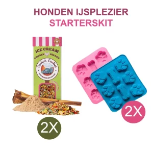 IJsplezier voor honden -starterskit: 2 x  ijsjesmix + 2 silicone vormpjes roze/blauw